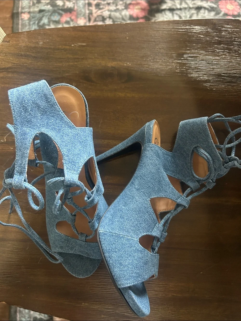 Denim-Blue Lace Cutout Tie-Heel Sandals